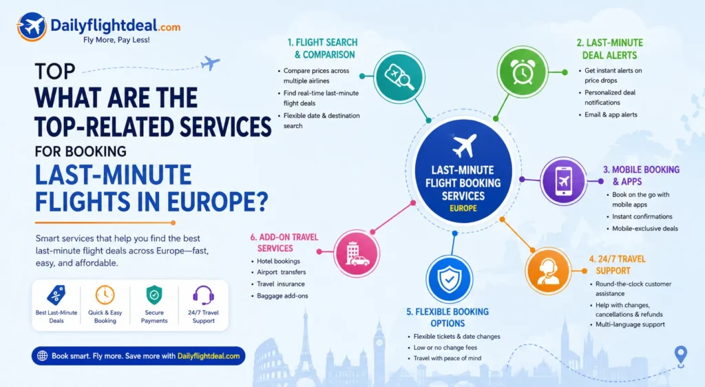 What are the top-related services for booking last-minute flights in Europe?