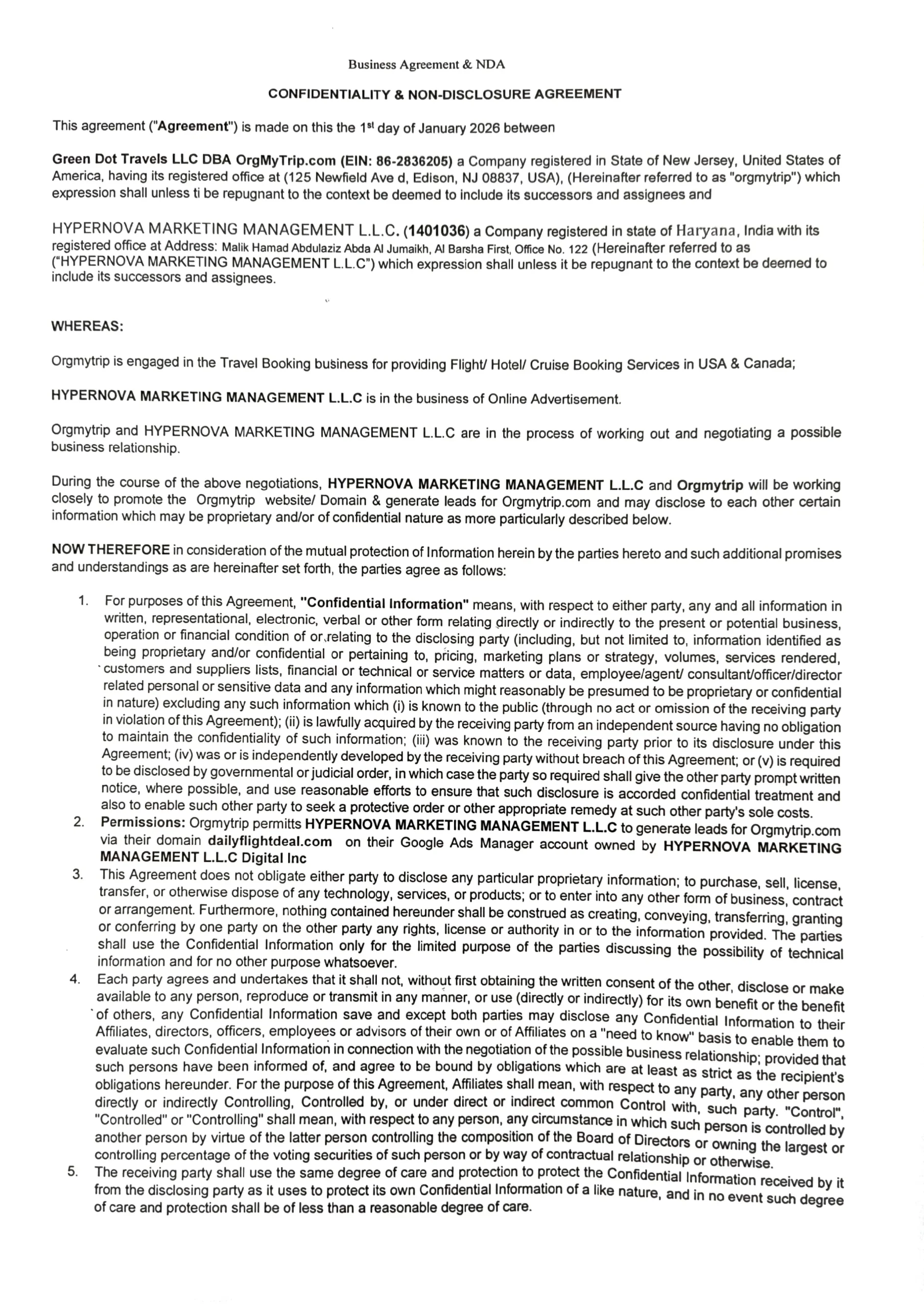 Business Agreement Certificate Left